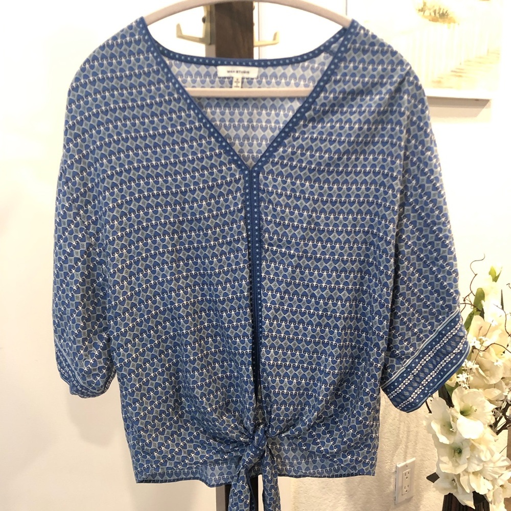 2 for $22 - MAX STUDIO Blue Printed Silky Tie-Front Blouse